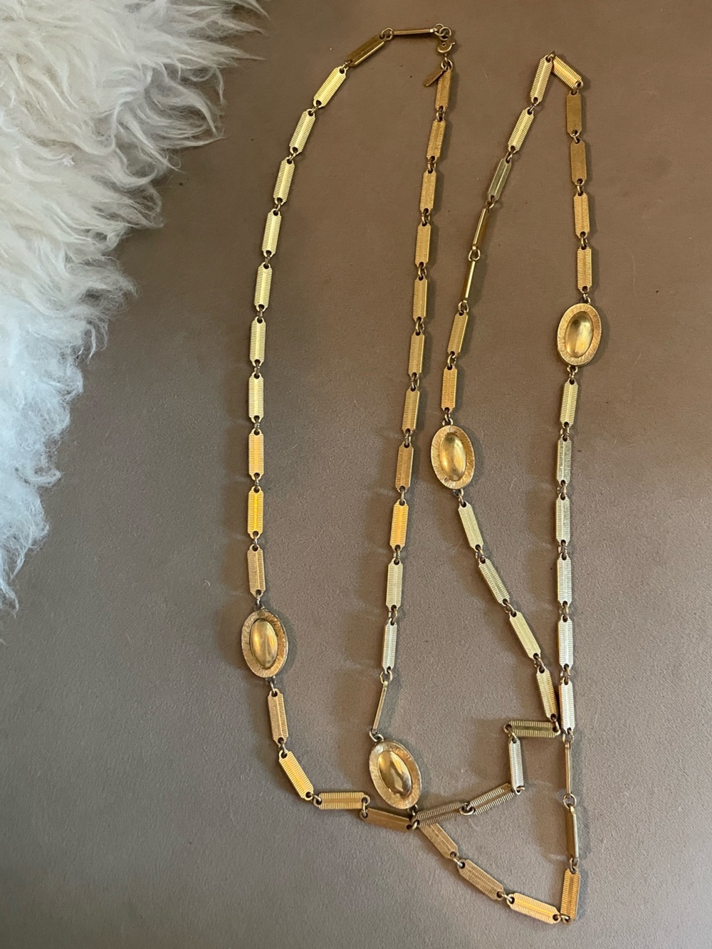 Monet Vintage Gold-Tone Textured Bar and Oval Station Necklace MCM 1960s 70s 54”